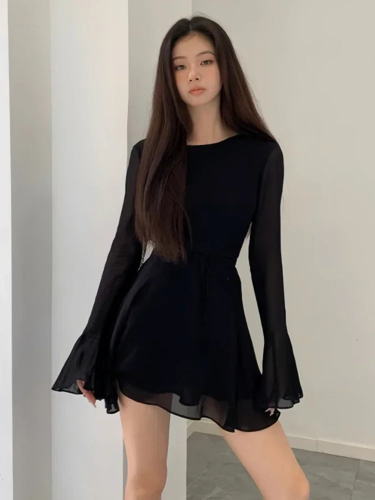 HOUZHOU Backless Black Dress Women Elegant Back Hollow Out Lace-up Long Sleeve Mesh Patchwork Sexy Slim Ruffle Mini Dress Party Black