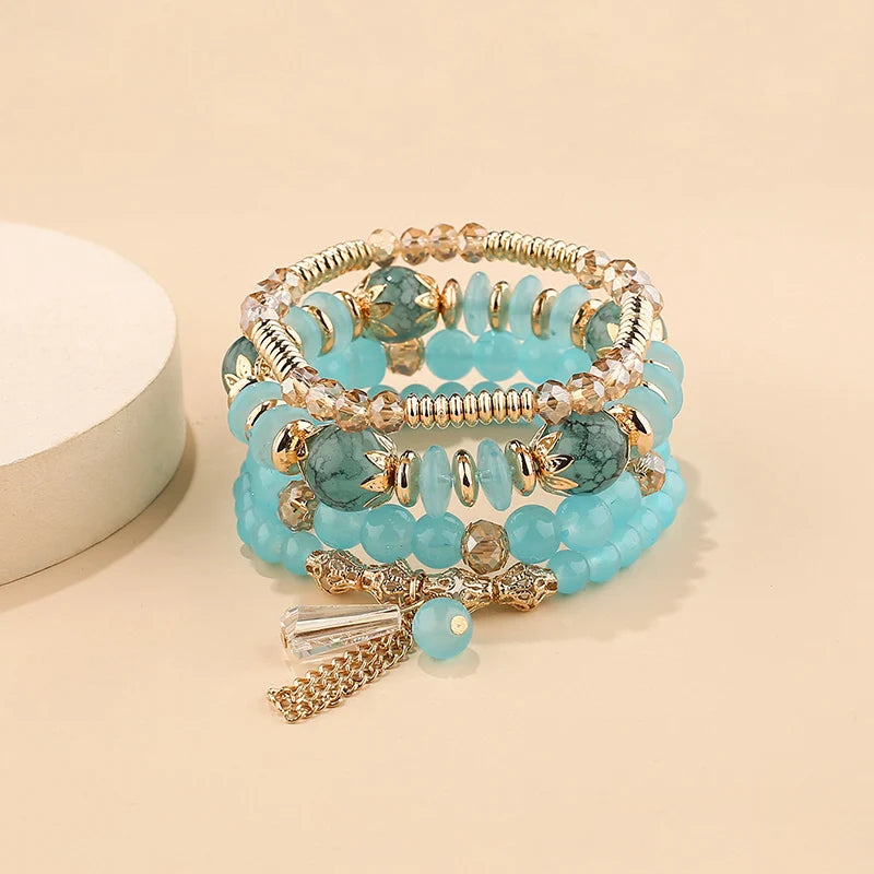 4Pcs Bohemian Women Pink Tassel Bracelet Set For Female I Love You Feather Round Charm Beads Chain Bangle Fashion Party Jewelry BR133-12