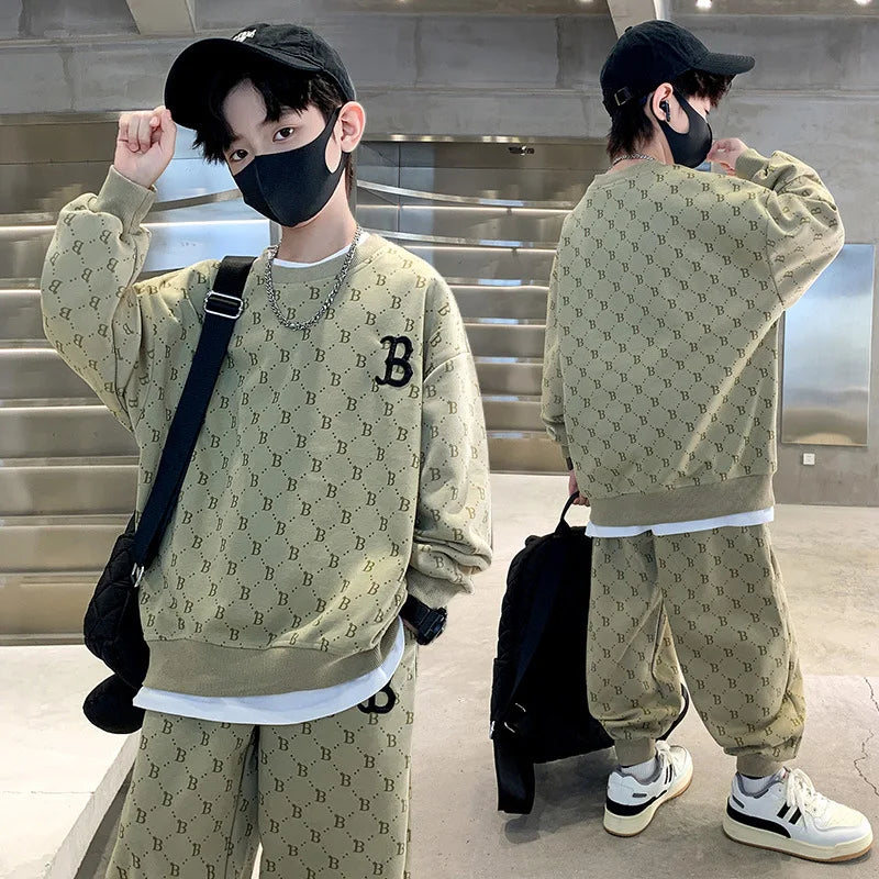 Children Loungewear Suits for Boys Round Neck Sweater and Pants 2Pcs Outfit Sets Junior Kids Letter Sports Clothes Tracksuit
