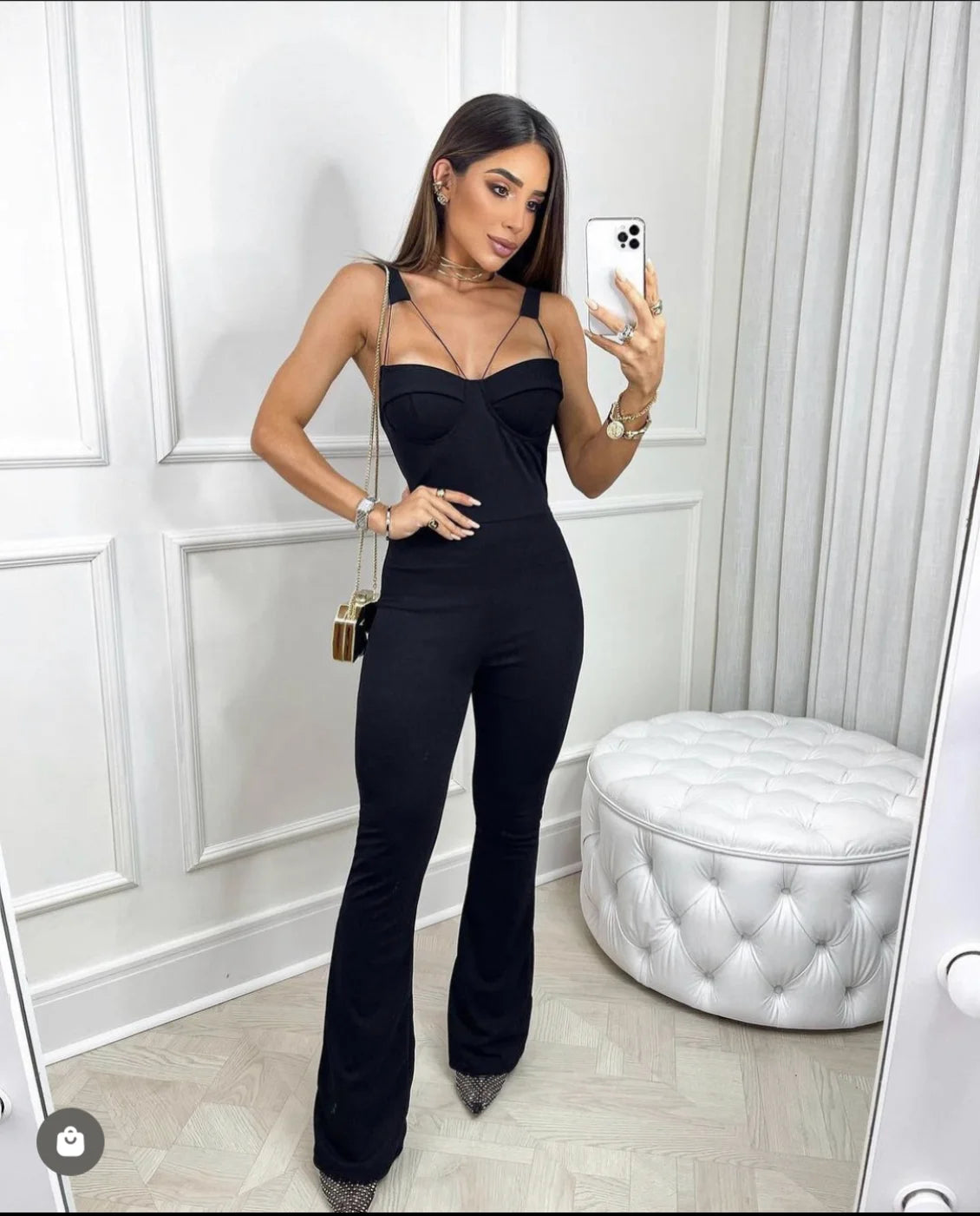 2023 New Arrival Sexy Hollow Out Spaghetti Strap Boot Cut Black Bandage Jumpsuit Fashion's Sexy Woman Evening Party Outfit