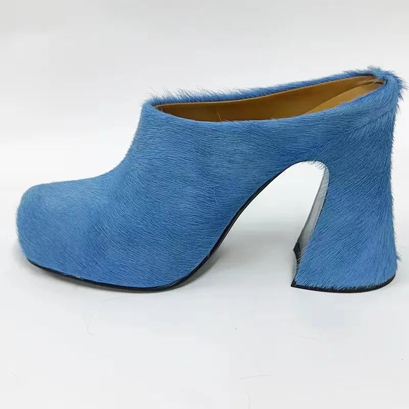 Fur Leather High Heels Women 2024 Designer Elegant Platform Women Mules Slipper Shoes For Wedding Party Dress Shoes Blue