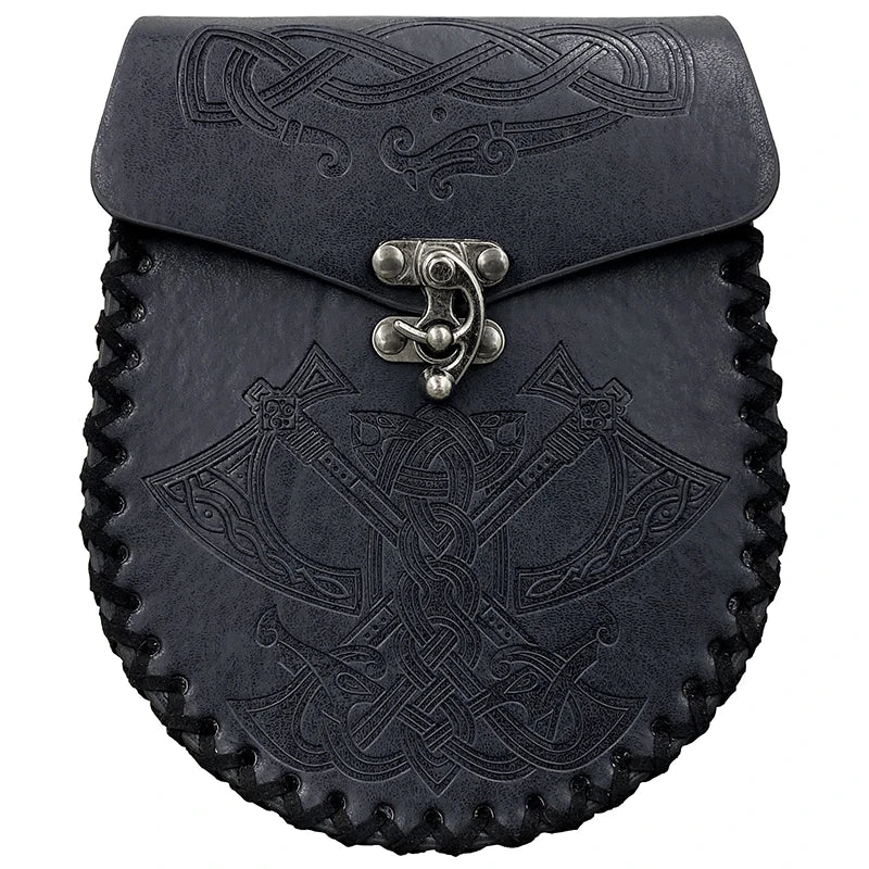 Leather Medieval Waist Pack, Vintage Handwork Belt Pouch Waist Bag Leather Belt Pouch Medieval Pouch Nordic Embossed Bag black3