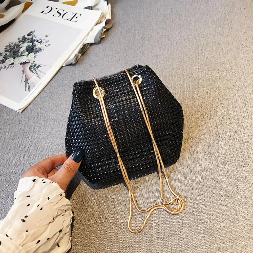 1Pc Elegant Women Rhinestones Evening Clutch Handbags Fashion Shiny Dinner Party Wedding Purses Shoulder Underarm Bag for Women Black-F
