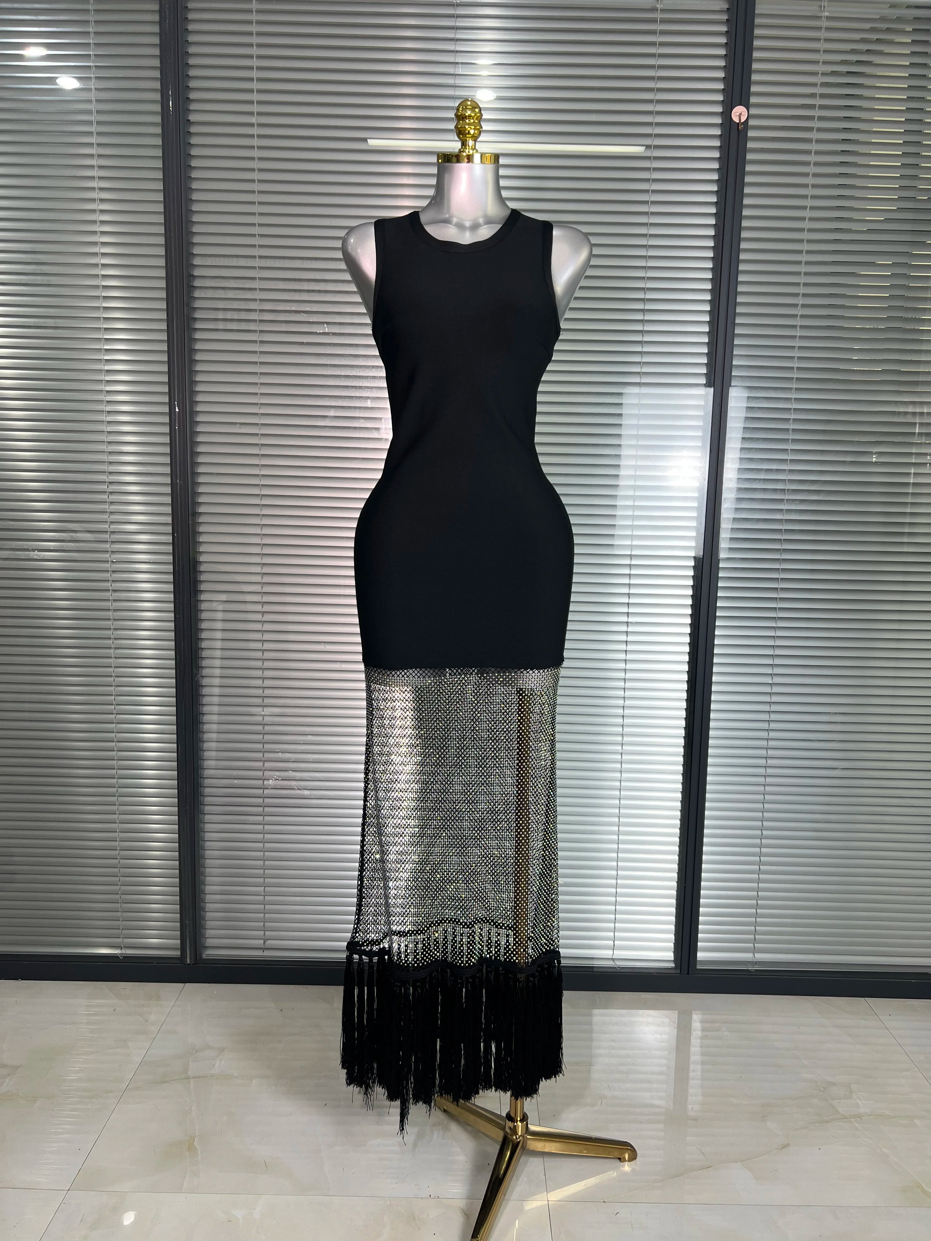 Summer New 2025 Women Black Tank Long Bodycon Bandage Dress Sparkly Shining Evening Party Dress Vestido