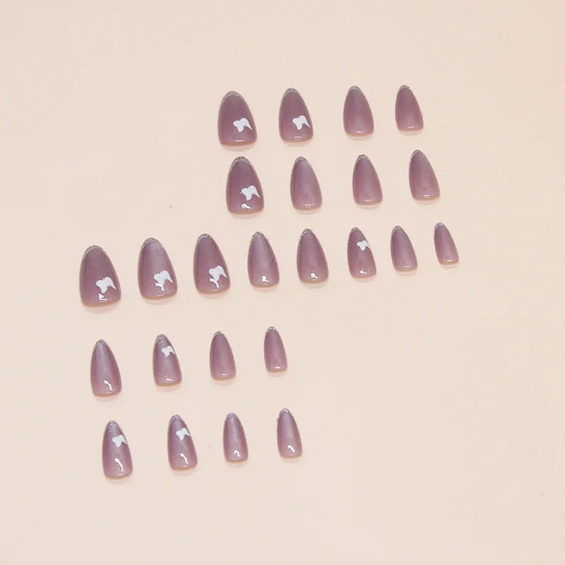 24pcs French Style Purple Cat Eyes Press on Nails White Butterfly Simple Almond Nails Full Cover Wearable False Nails