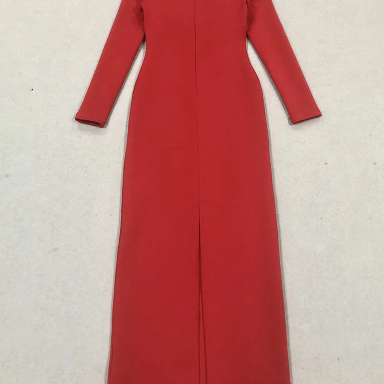 Vestido longo feminino sexy de manga comprida com diamantes, vermelho, longo, bandagem justa, 2025, elegante, roupa para festa noturna
