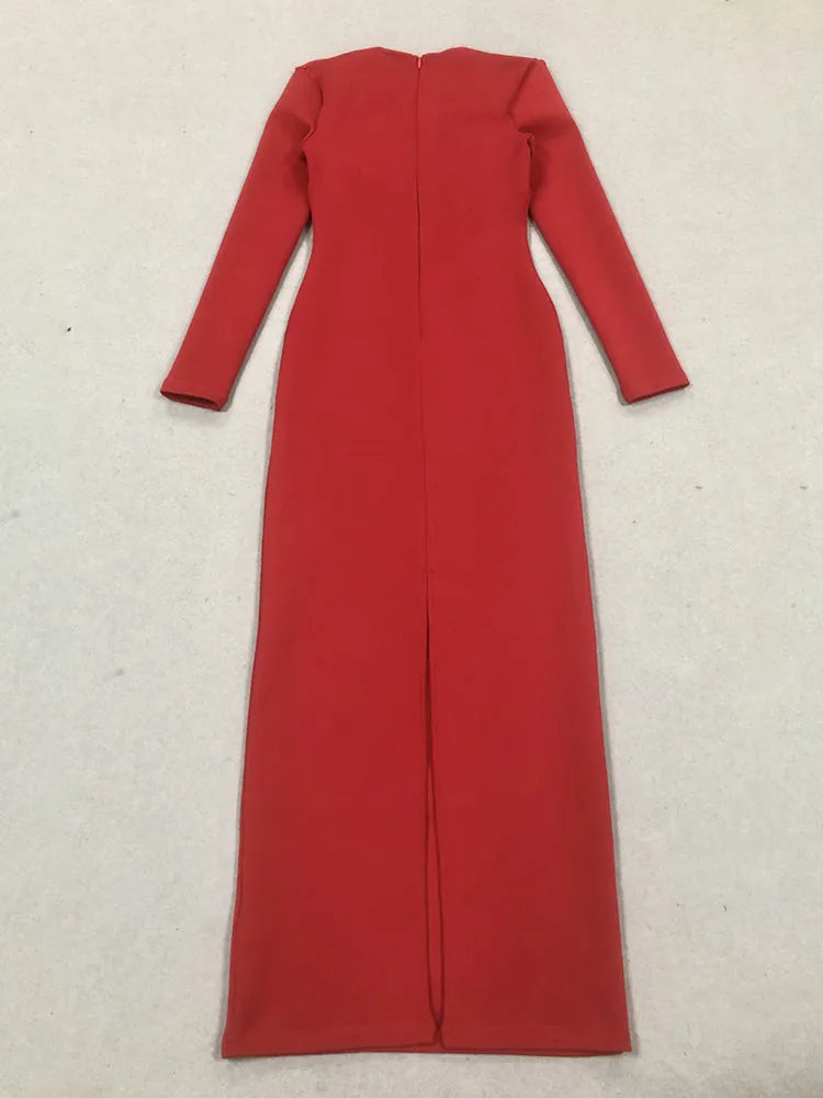 Vestido longo feminino sexy de manga comprida com diamantes, vermelho, longo, bandagem justa, 2025, elegante, roupa para festa noturna