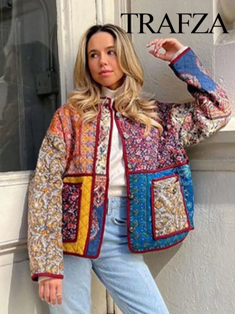 Floral Printed Cotton Jacket For Women Long Sleeve Patchwork Pocket Contrasting Colors Button Ethnic Causal Coat