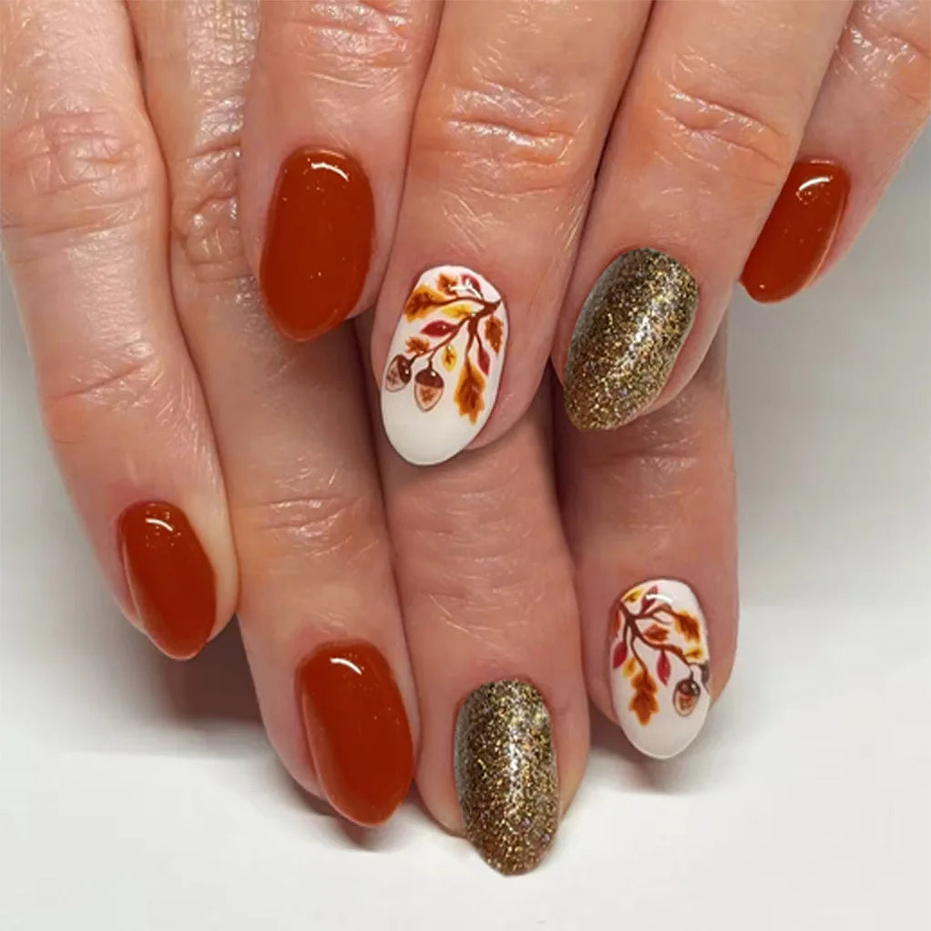 24pcs Shiny Powder Full Cover Nail Tips Leaves Design Brown Short Almond False Nail Sets Wearable Round Head Press on Fake Nails