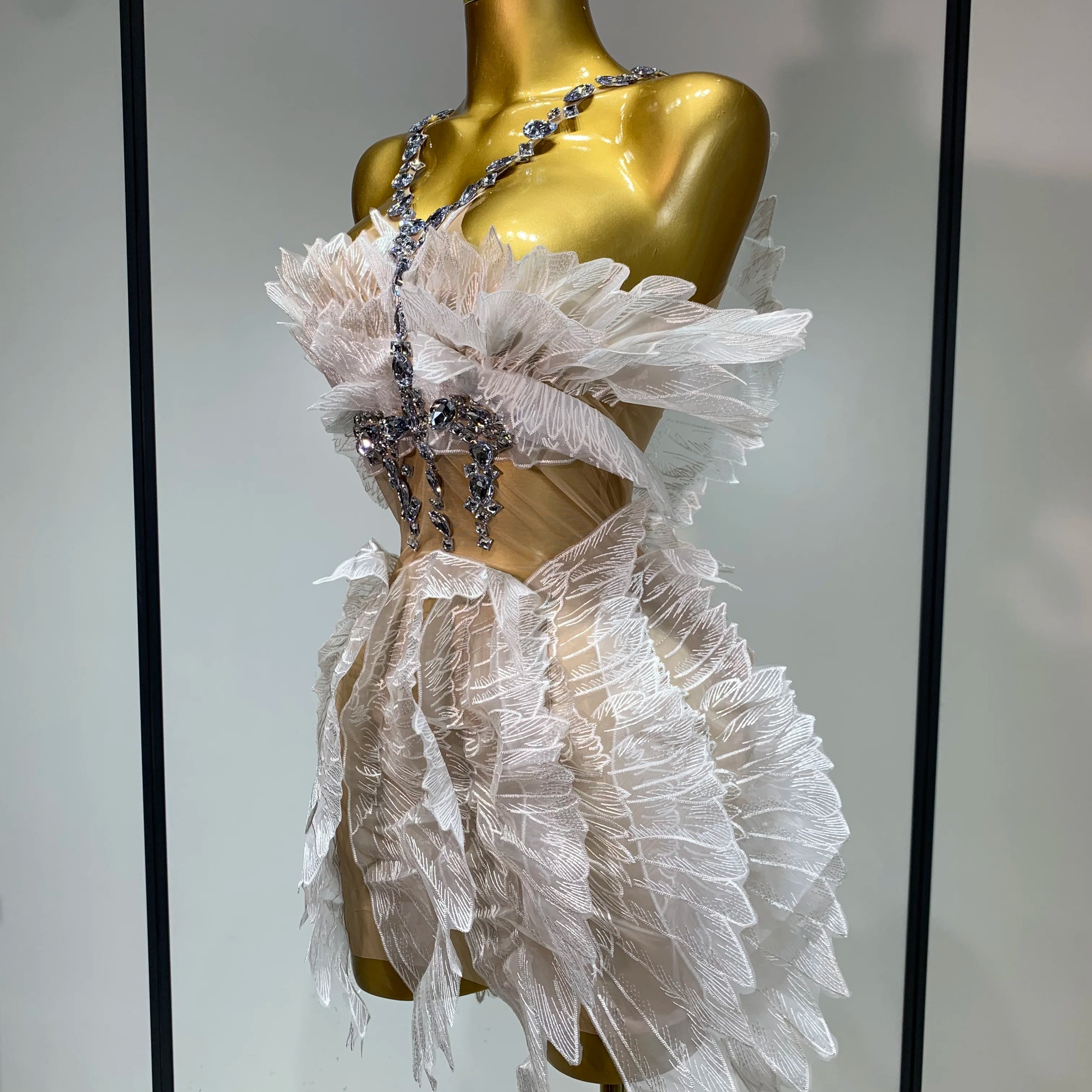 Luxury Birthday Dress Women Sexy White Crystal Transparent Wings Mini Dress Nightclub Evening Party Singer Stage Perform Costume