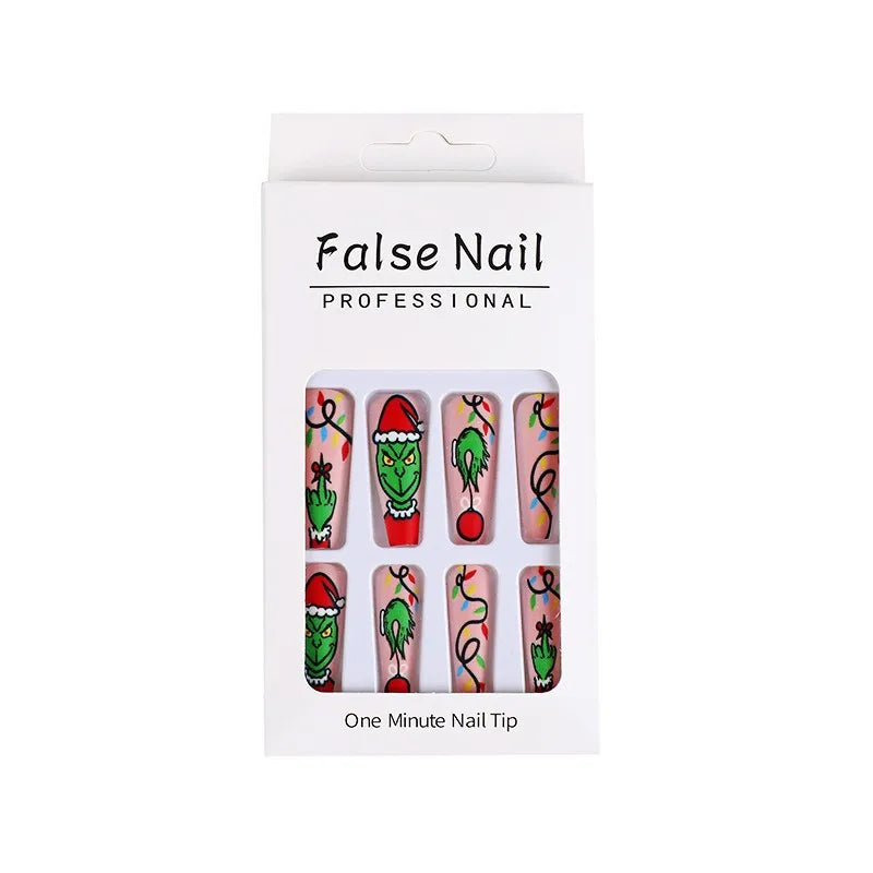3D fake nails for Christmas party long french coffin tips snowflake christmas tree faux ongles press on acrylic false nail set 820 with box