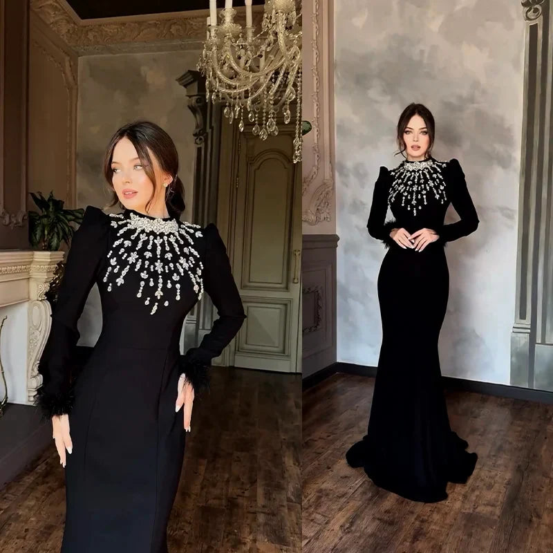 Black Red Color Women Long Sleeve Shinning Crystals Long Maxi Dress Celebrate Elegant Evening Party Outfit Vestido