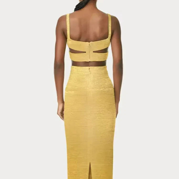 Women Summer Sexy Sleeveless Backless Bronzing Gold Midi Bodycon Skirt Bandage Set Elegant Evening Club Party Outfits