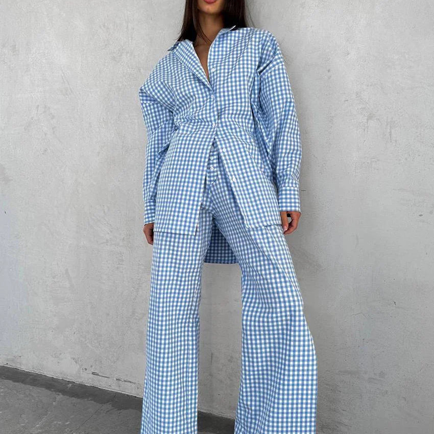 Clacive Fashion Loose Blue Stripe Cotton 2 Piece Sets Women Outfit Elegant Long Sleeve Shirt With High Waist Wide Pants Set Blue
