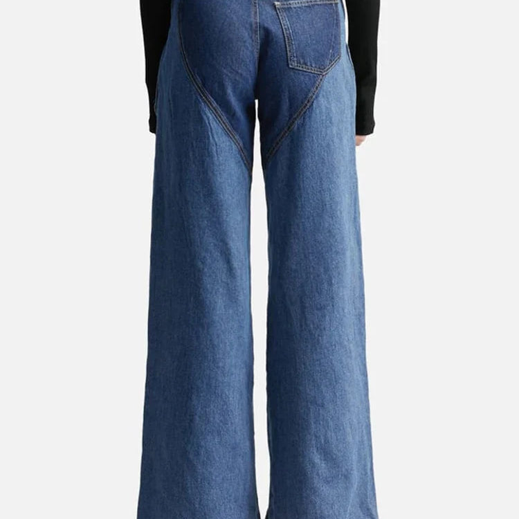 DEAT Fashion Women's Jeans High Waist Cross Contrast Color Hollow Out Metal Button Straight Denim Pants Summer New 17A8765H