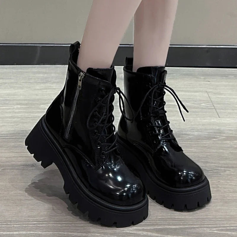 Chunky Platform Women's Ankle Boots Autumn Black Patent Leather Motorcycle Boots Woman Gothic Thick Bottom Combat Booties