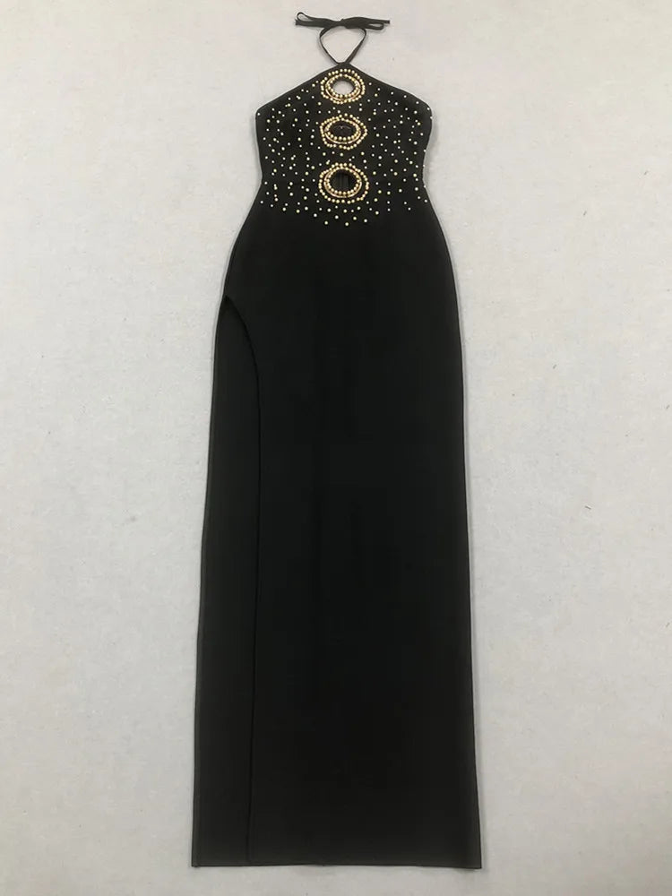 Women Sexy Backless Halter Pearl Black Maxi Long Beading Celebrity Bodycon Bandage Dress 2025 Elegant Evening Club Party Outfit