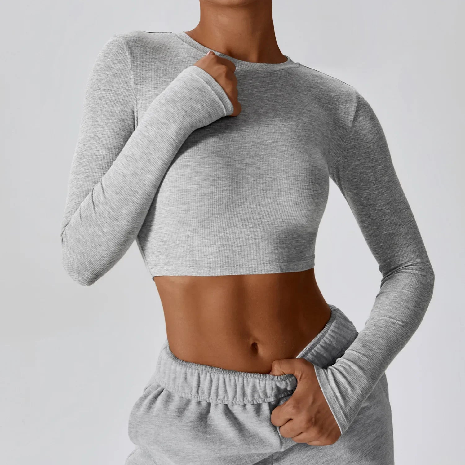 VITALINOVO Ribbed Crew Neck Cropprd Gym Tee Shirt Lightweight Basic Crop Tops Slim Fit Long Sleeve Workout Shirts for Women Melange Gray