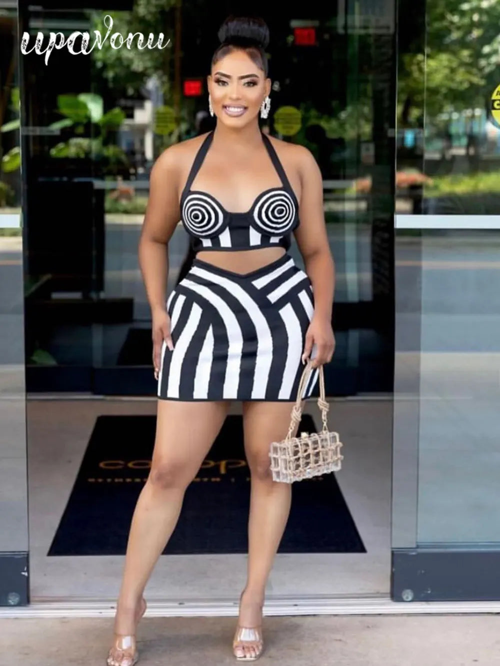 2024 Sexy Women'S Striped Short Skirt Set Hanging Neck Style Sleeveless Backless Ultra Short Vest Top+Mini Skirt Two-Piece Set