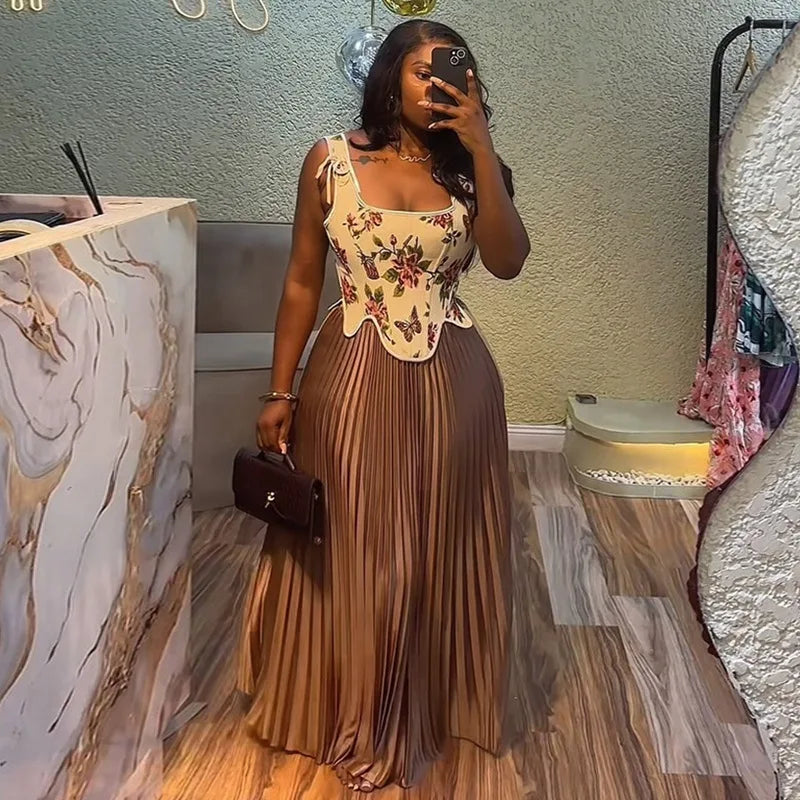 CM.YAYA Women's Set Floral Print Waist-cinching Vest +Pleated Long Skirts Suit 2025 Party Evening Street Two 2 Piece Set Outfit