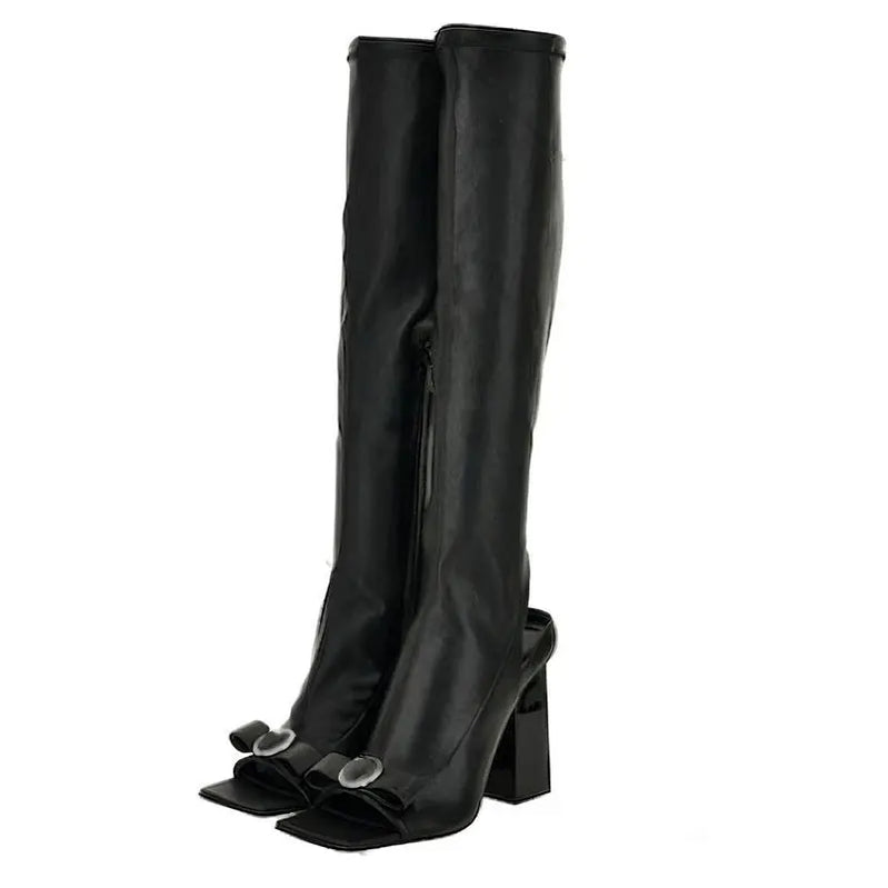 Autumn/Winter New Open Toe Sexy Women's Boots Thick High Heel Fashion Bowknot Fish Mouth Shoes Knee Length Elastic Boots black