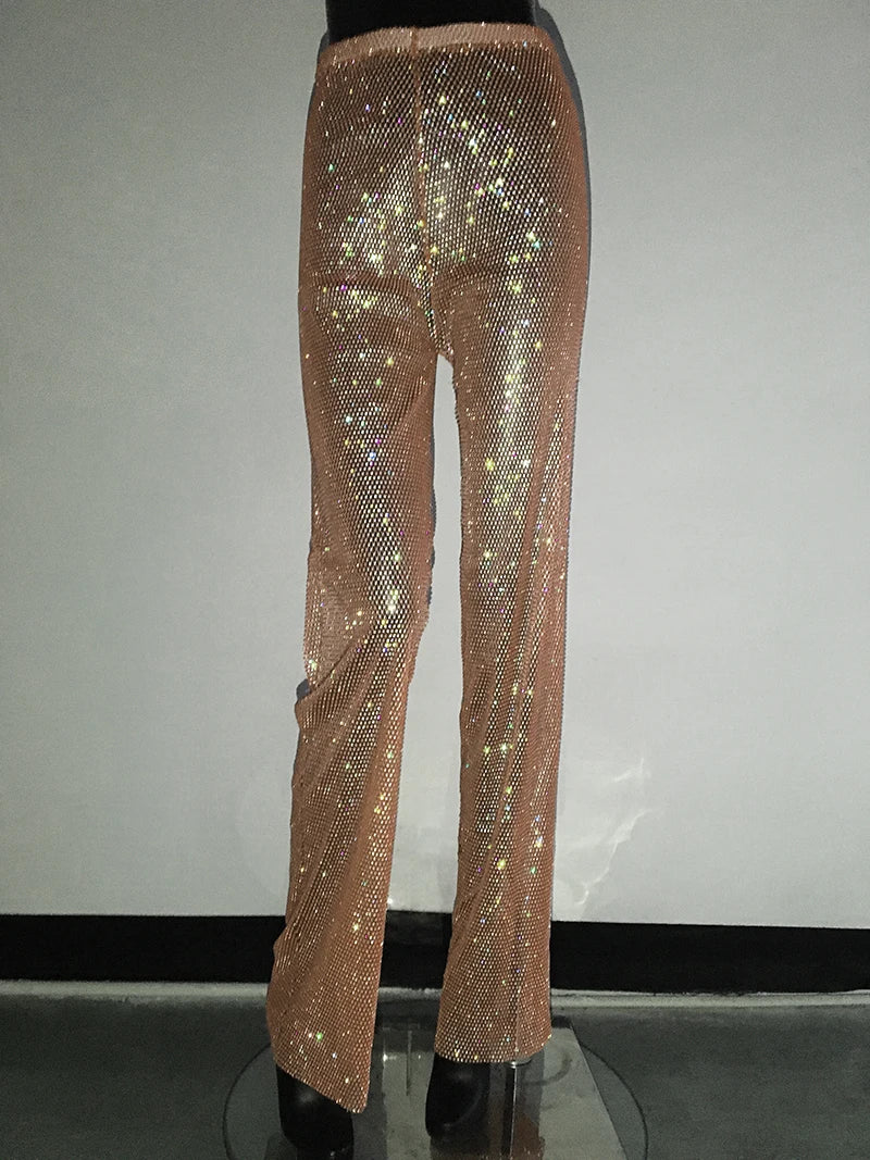 Fashion Sexy Glitter Crystal Diamonds Fishnet Women Pant See Through High Waist Pant Female Loose Hot Girl Party Clubwear Champagne One Size