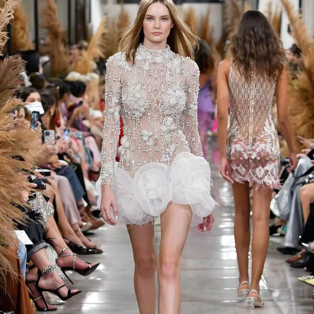 Luxury Exquisite Beading White Flowers Sexy See Through Mini Evening Dress Woman Birthday Party Dress Performances Costume