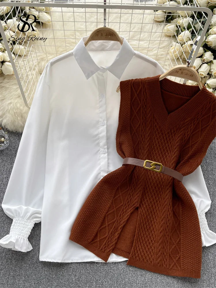 Office Lady Knitted Sweater Warm Thick Knit Vest+Single Breasted Lantern Sleeve Blouse Women Pullover Shirt Suits coffee One Size