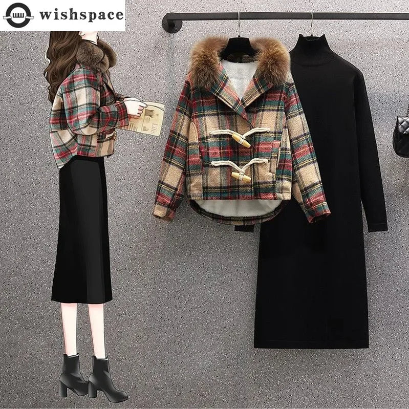 Winter New Korean Style Plush Thickened Plush Neck Jacket Knitted Dress Two Piece Elegant Women's Dress Set