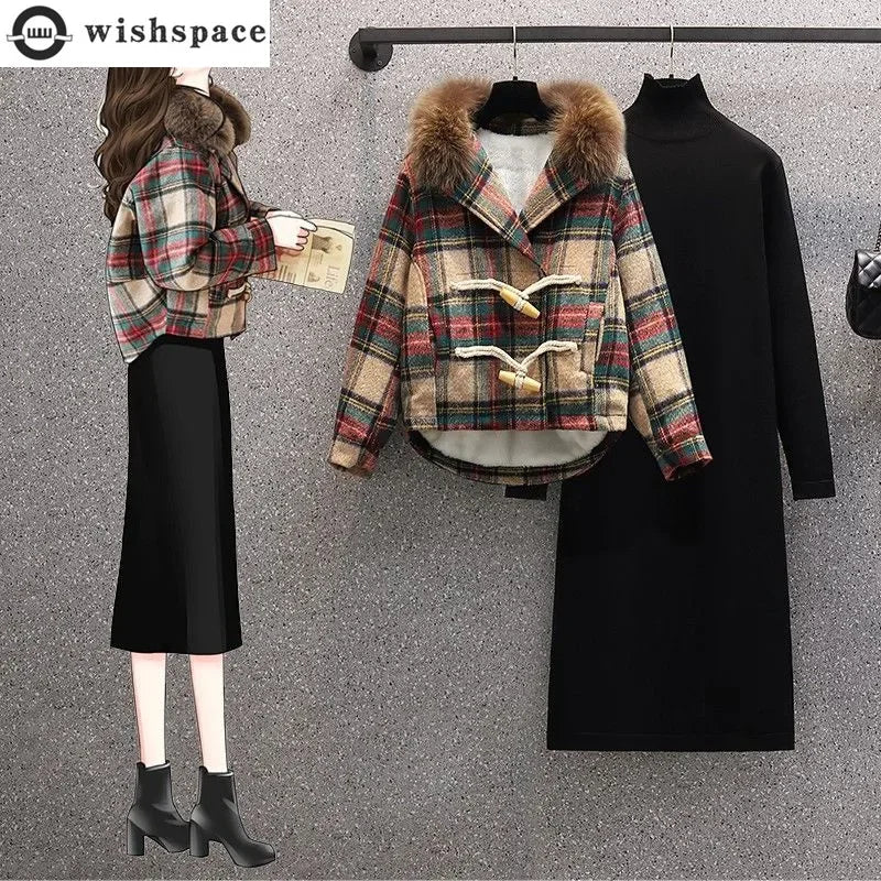Winter New Korean Style Plush Thickened Plush Neck Jacket Knitted Dress Two Piece Elegant Women's Dress Set