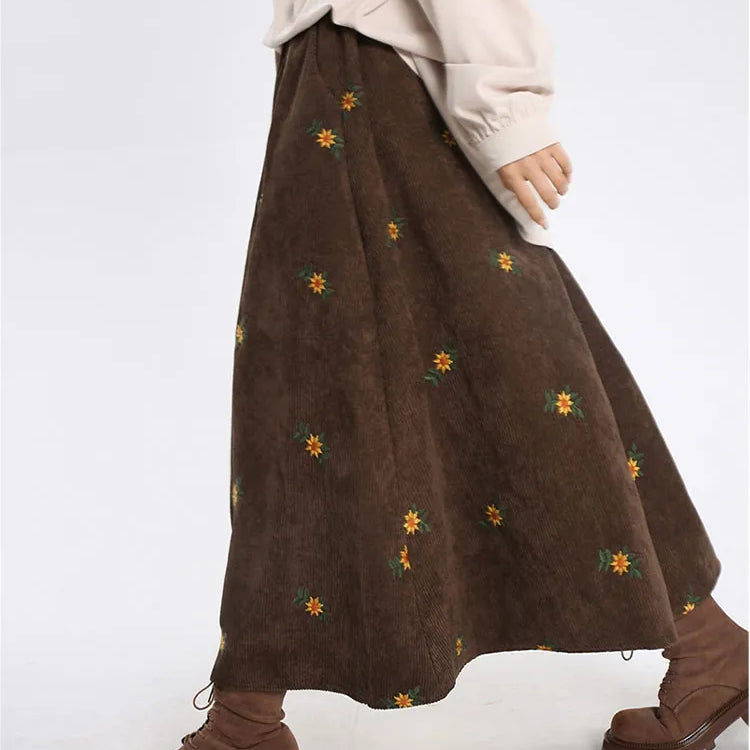 Korean Style High Waist Corduroy Embroidery Long Skirt Women Autumn Winter Loose Floral A-line Skirt Casual Retro Skirt Elegant Coffee One Size