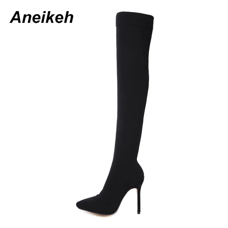 Fashion Pointed Toe Over-the-Knee Heel Thigh High Woman Boot Stretch Fabric Sock Boots botas mujer Shoe Size 35-42