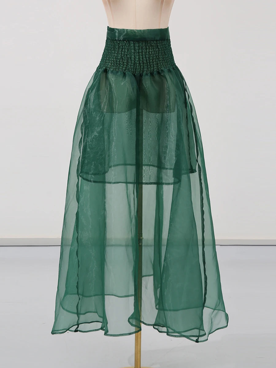 TWOTWINSTYLE Solid Sheer Two Piece Sets for Women Round Neck Long Sleeves Spliced Bowknot Top High Waist Skirt Set Female New