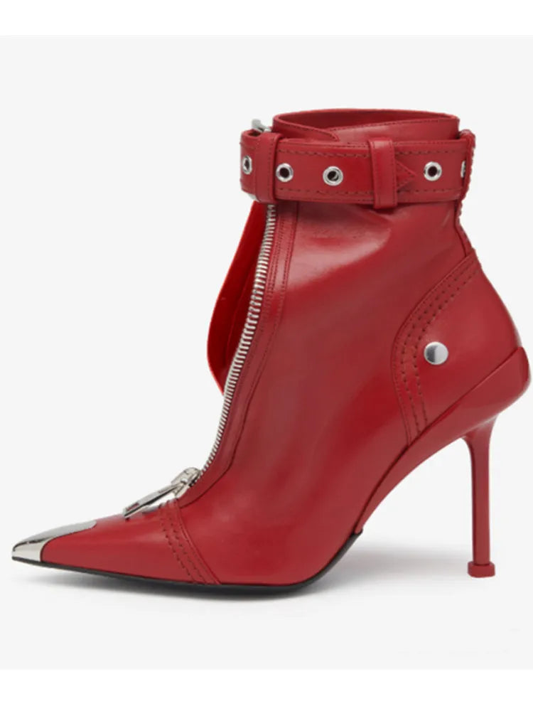 Women's Autumn and Winter New High Heel Ankle Boots Fashion Pointed Zipper Belt Buckle Women's Boots Large Short Boot red