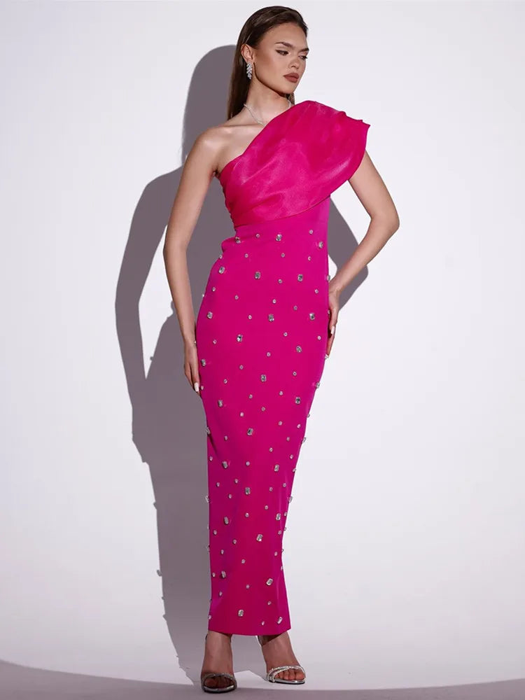 Women Sexy One Shoulder Diamonds Pink Black Maxi Long Bodycon Bandage Dress Elegant Evening Club Party Dress