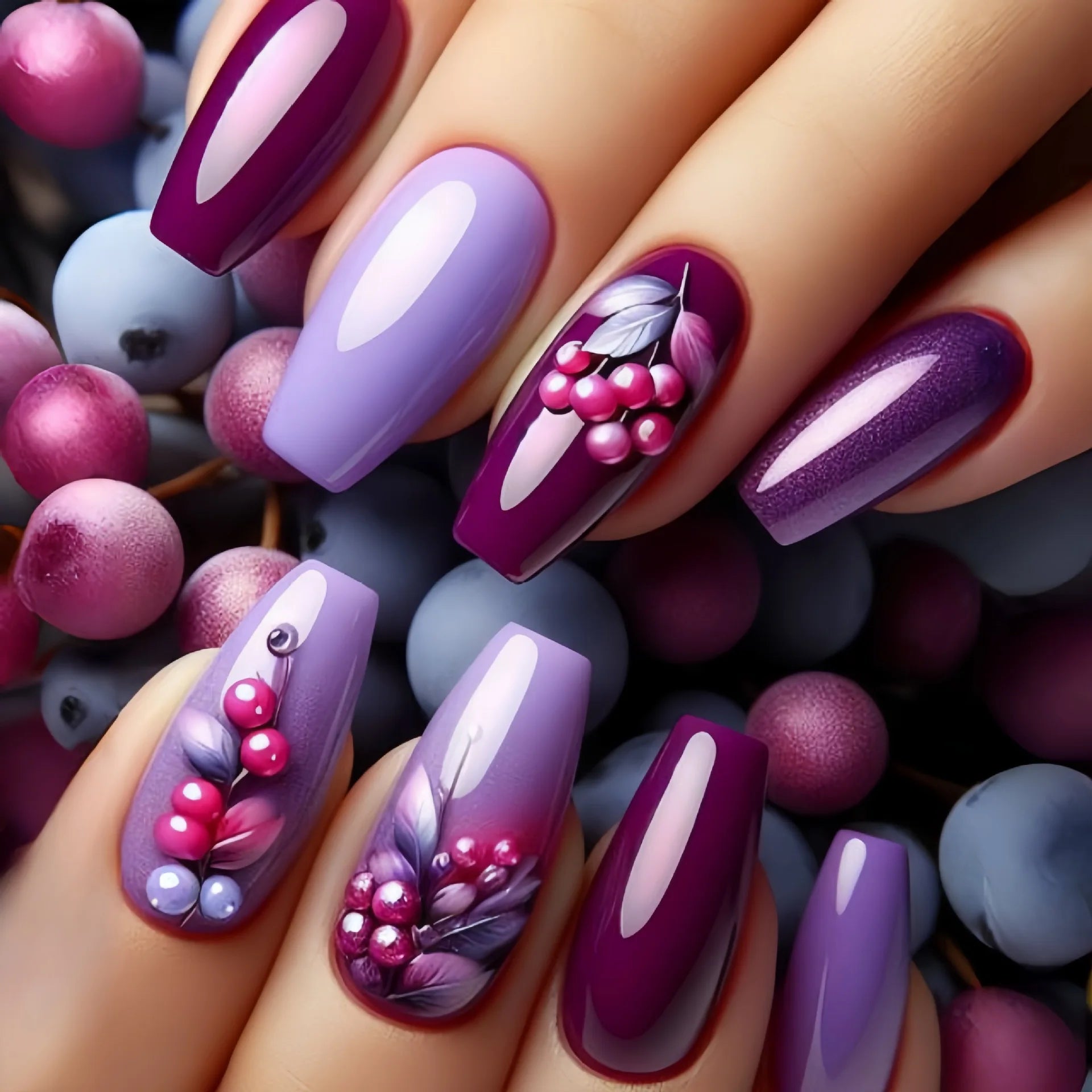 24pcs/set medium long fake nails for Spring summer season beautiful peach flowers butterfly design press on false nail art tips