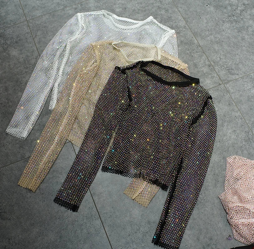 Ladies Temperament Rhinestone Round Neck Long Sleeve Bright Starlight Hollow Shiny Bottoming Shirt Women's Top Trend