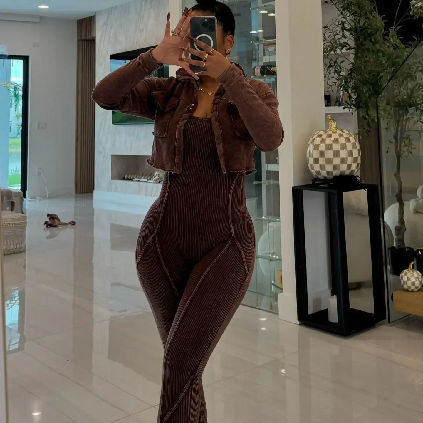 CM.YAYA Fashion Women's Set Washed Knitted Long Sleeve V-neck Coats+pencil Jumpsuits Active Two 2 Piece Set Outfits Tracksuit