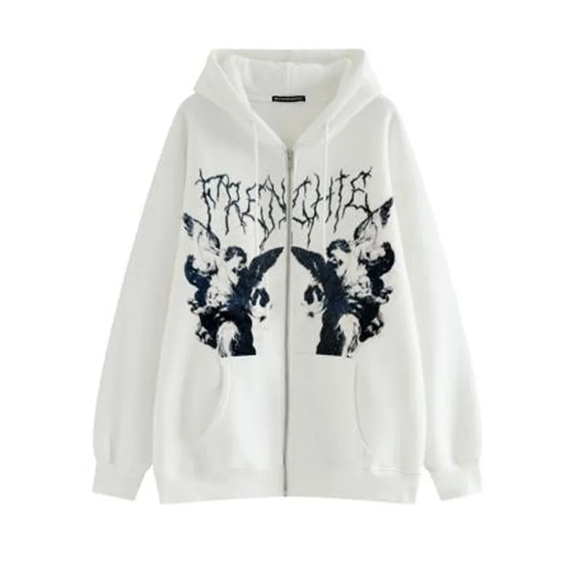 Women Vintage Angel Print Hoodies Autumn Winter Zip Up Long Sleeve Pocket Loose Sweatshirt Y2K Female Fashion Gothic Streetwear