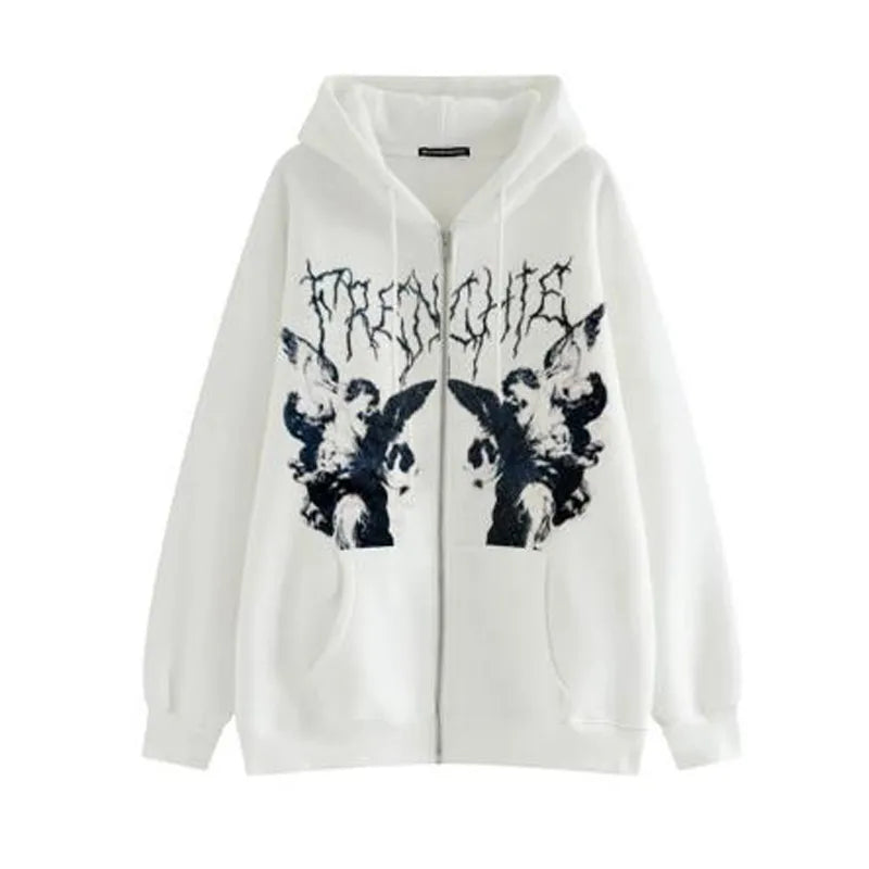 Women Vintage Angel Print Hoodies Autumn Winter Zip Up Long Sleeve Pocket Loose Sweatshirt Y2K Female Fashion Gothic Streetwear