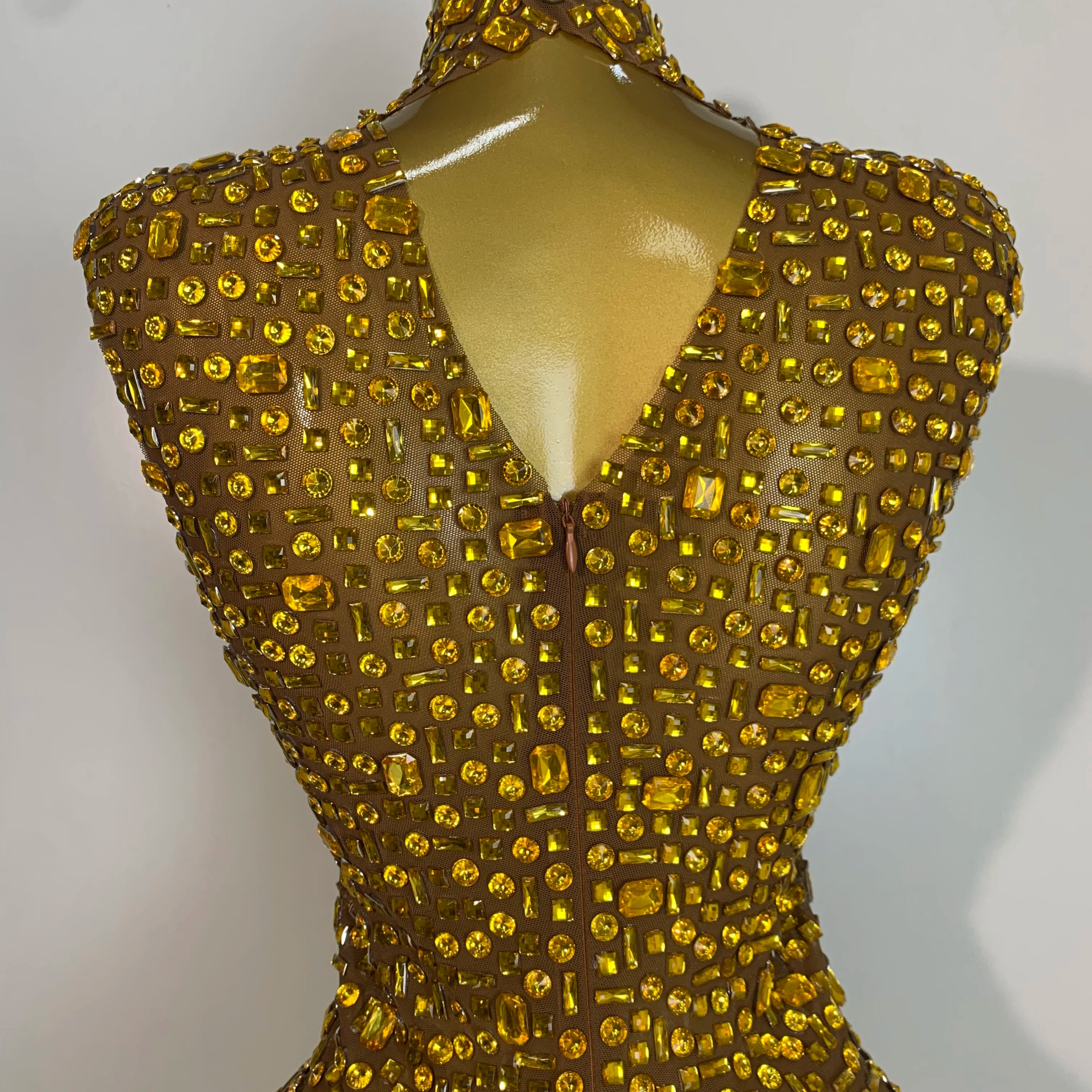 Women Luxury Gold Rhinestone Sexy Mesh Short Dress Sparkly Stage Costume Elegant Party Birthday  Dresses Nightclub Singer Outf