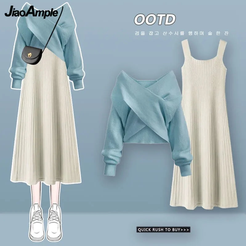 Women's Autumn Winter Knit Dress Two Piece Fashion Cross Sweater+Suspended Skirt Matching Set Korean Elegant Chic Suit