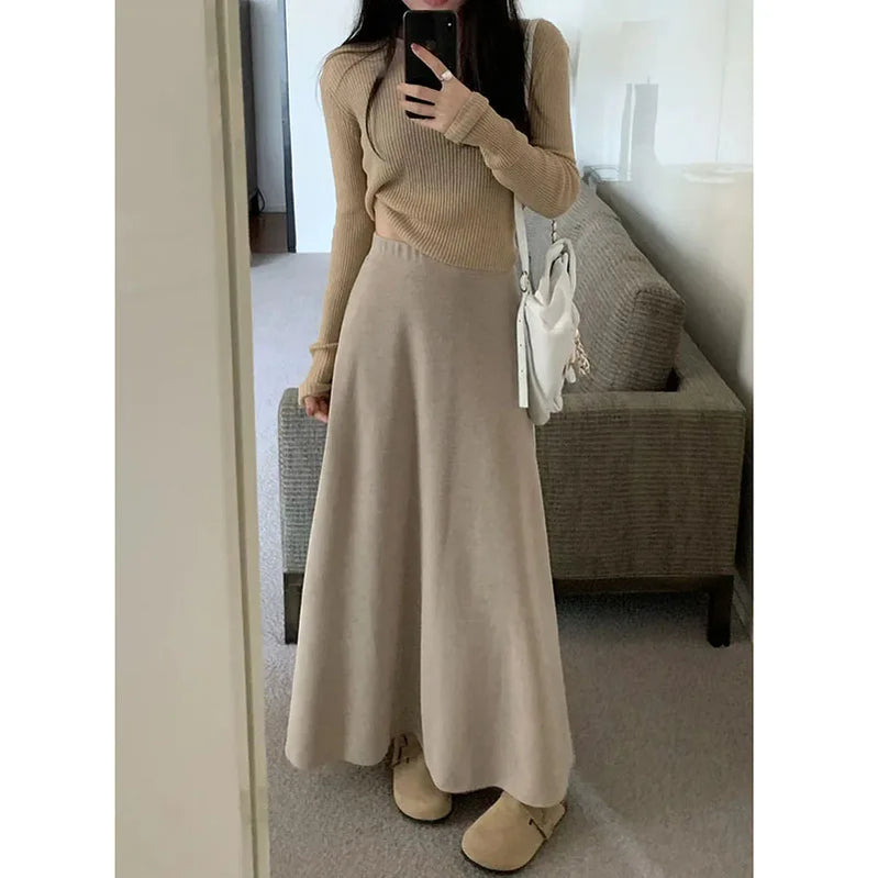 Lucyever Vintage Gray Knitted Midi Skirts Women 2023 New High Waist Slimming A-Line Skirt Woman Elegant Solid Droop Long Skirts Oat color One Size