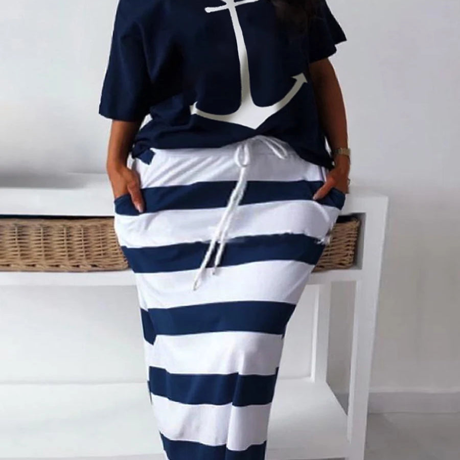 LW Plus Size matching sets Two Piece dress sets Letter Print Striped Skirt Set Fashion Casual Summer Tops+Bottoms Matching Outfi