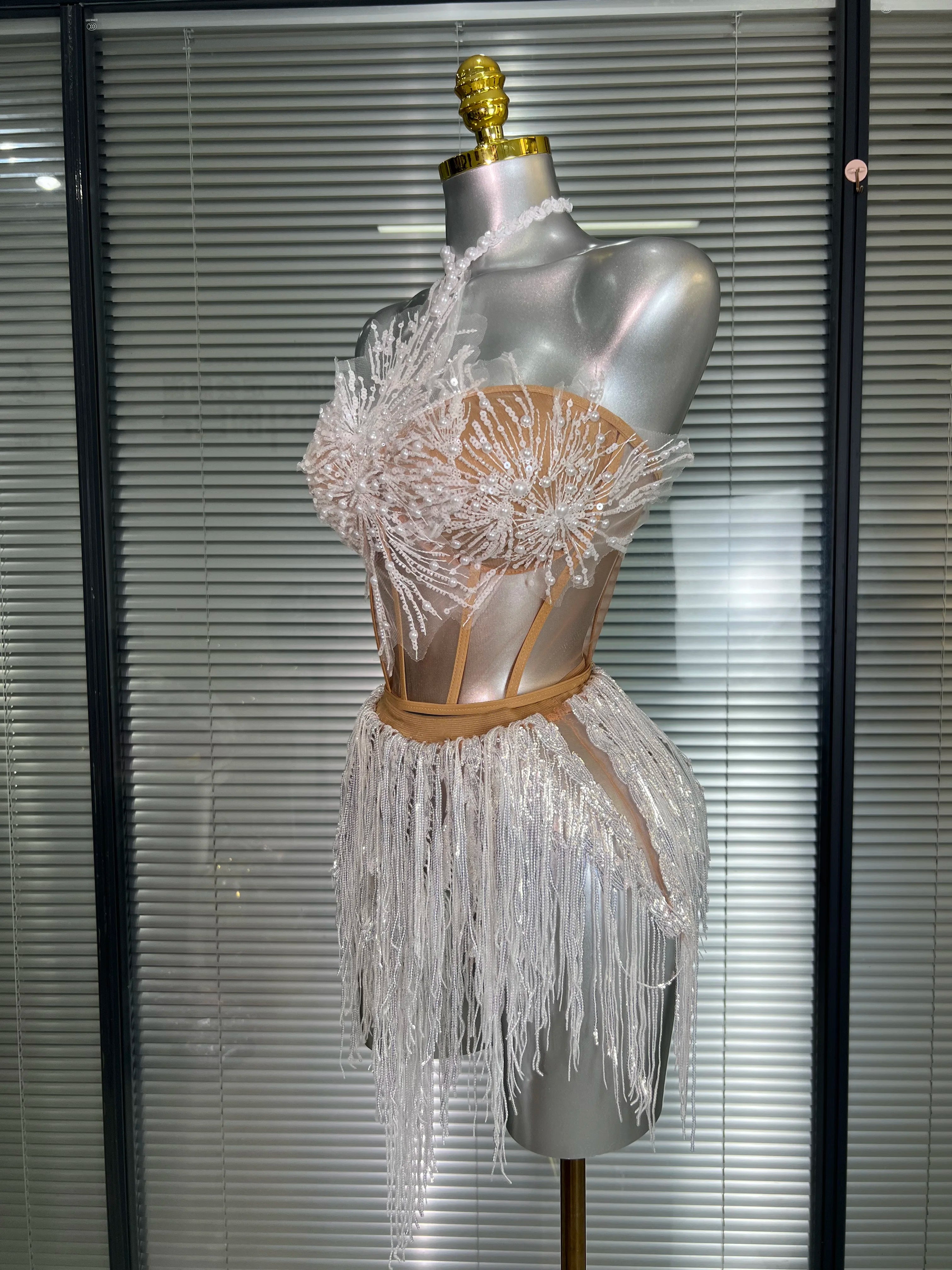 Women Sexy Sequins White Sparkly Two Pieces Set Shinning Fancy Night Club Skirt Suits Singer Dancer Stage Costume