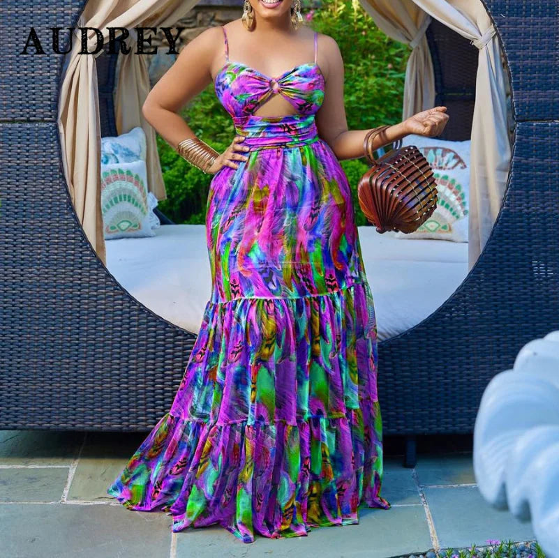 Elegant Sling Plus Size Dress Sexy Printing Fashion Backless Boho Beach Mixi Dress Robe Femme Ete Leisure Vacation Vestidos Blue Dress