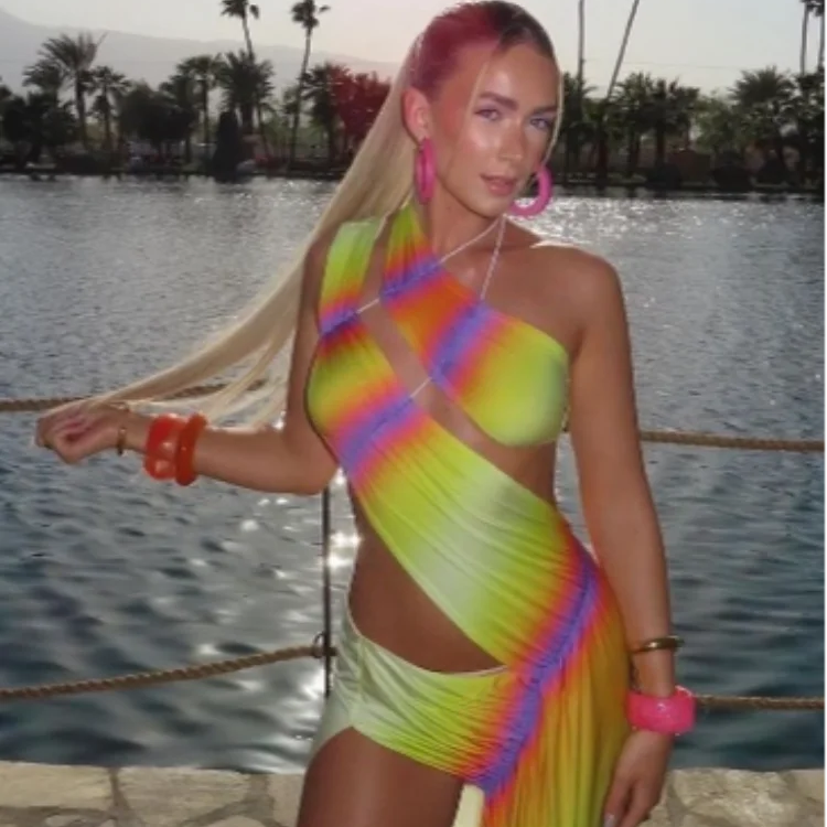 Fashion Gradient Diagonal Collar Dresses Irregular Hollow Out Backless Sleeveless Dresses Spring Summer Lady Party Club Vestidos