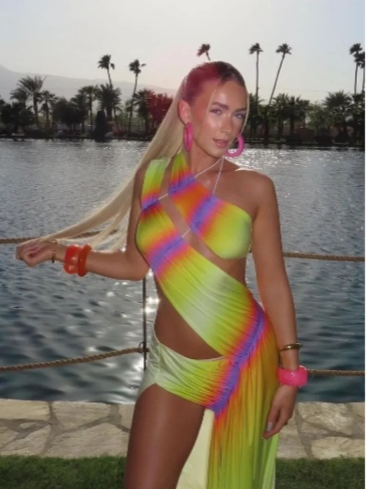 Fashion Gradient Diagonal Collar Dresses Irregular Hollow Out Backless Sleeveless Dresses Spring Summer Lady Party Club Vestidos