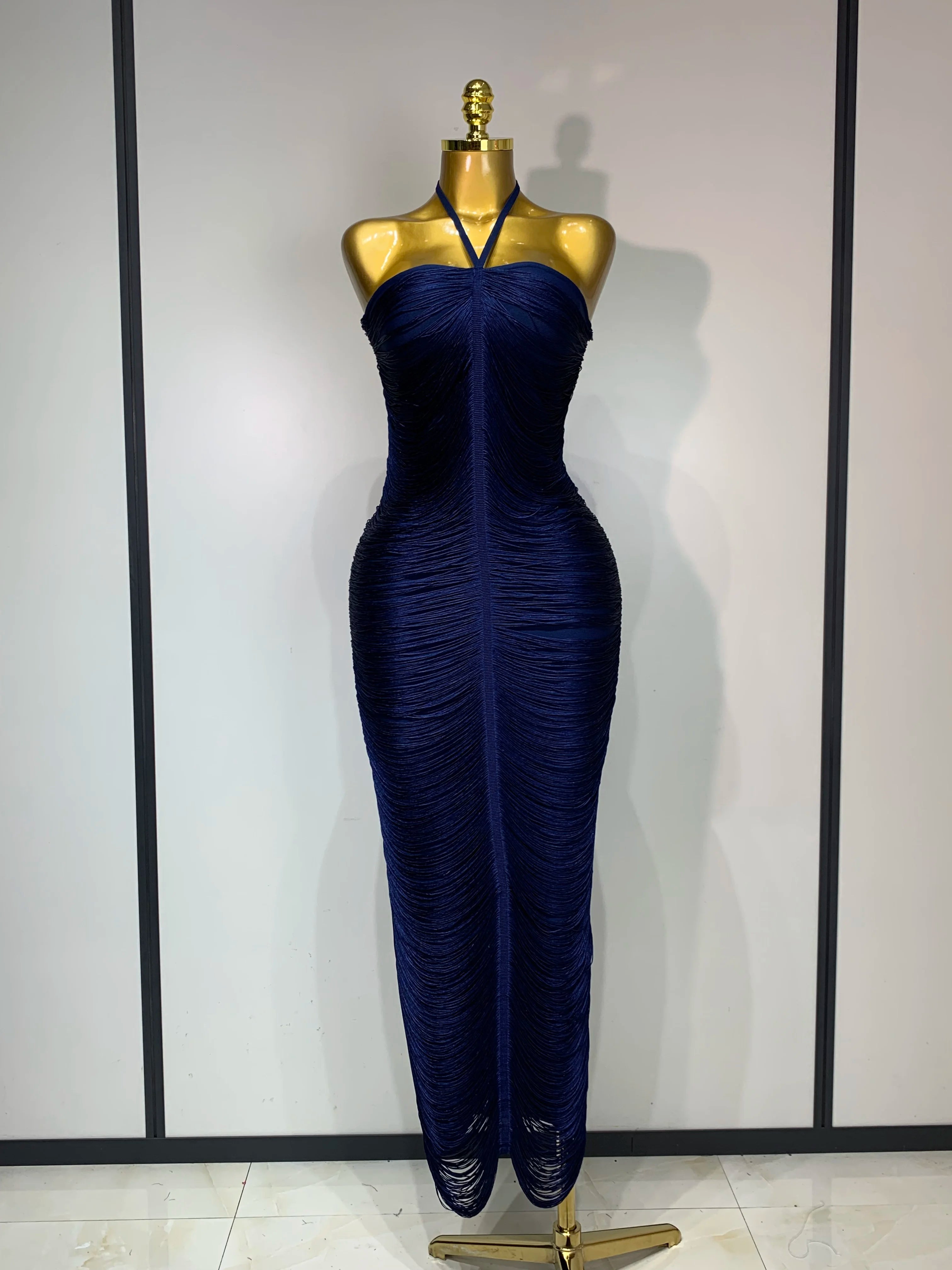 Women Sexy Celebrity Backless Halter Tassel Bodycon Bandage Dress 2025 Elegant Celebirty Evening Party Luxury Birthday Dress