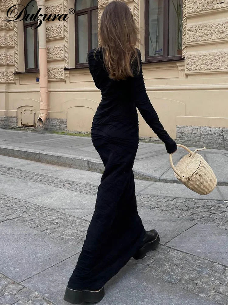 Dulzura Solid Pure Color 3D Ruched Long Sleeves Maxi Dress 2024 Summer Autumn For Women Sexy Clubwear Wholesale Drop Shipping
